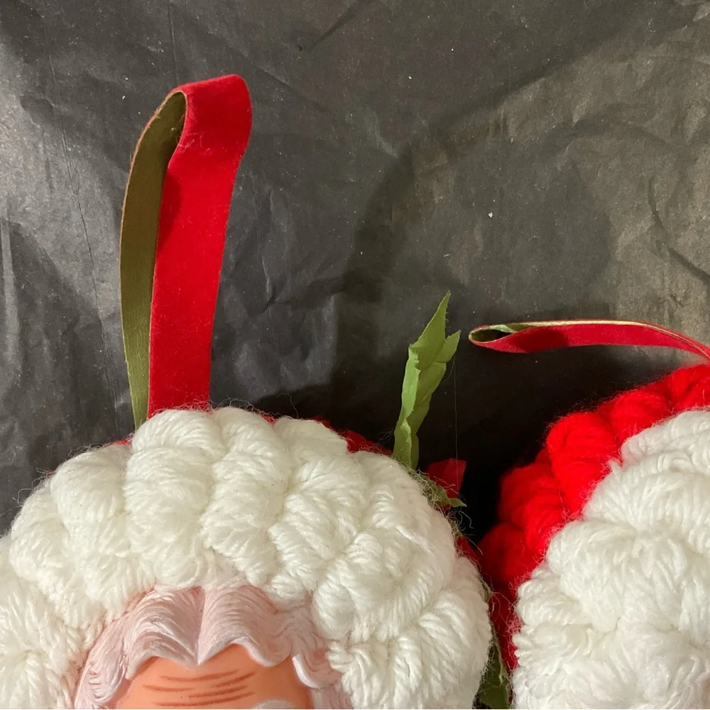 Vintage Set of 2 Handmade Santa and Mrs Claus Yarn Ornaments with Plastic Faces